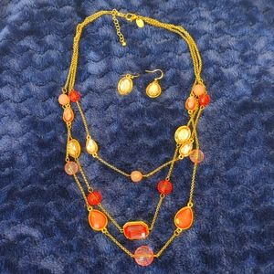 Multistrand Pink and Gold Gem and Beads Necklace and Earrings